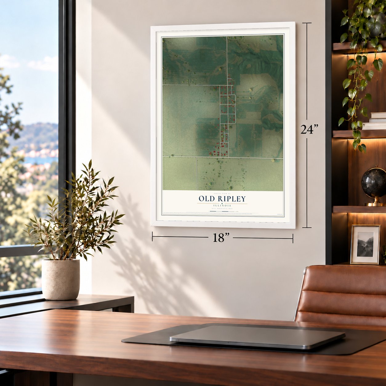 Old Ripley, Illinois map, 18 x 24 inch print in a white frame in a home office