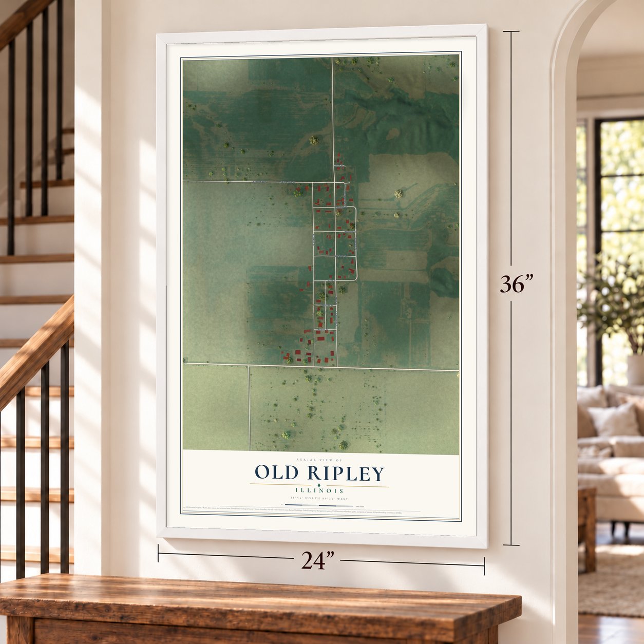 Old Ripley, Illinois map, 24 x 36 inch print in a white frame by a staircase