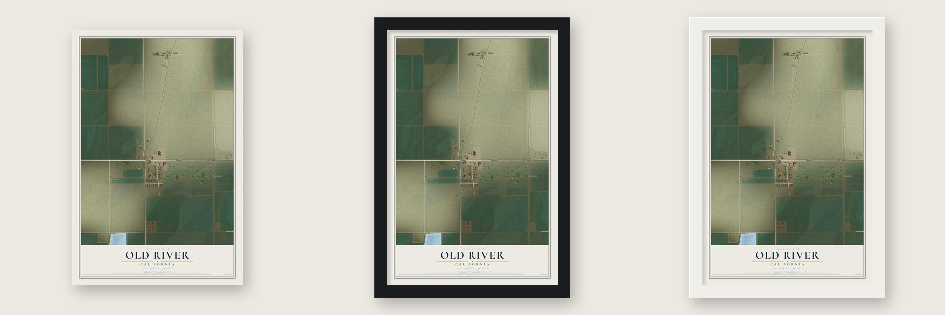 Old River, California map unframed, in a black wood frame and in a white wood frame