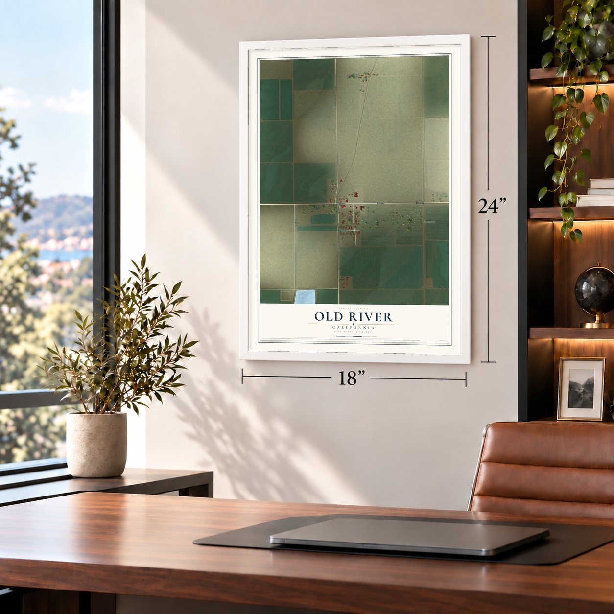 Old River, California map, 18 x 24 inch print in a white frame in a home office