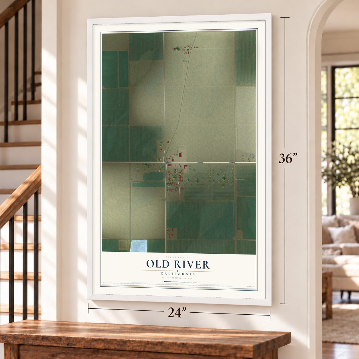 Old River, California map, 24 x 36 inch print in a white frame by a staircase