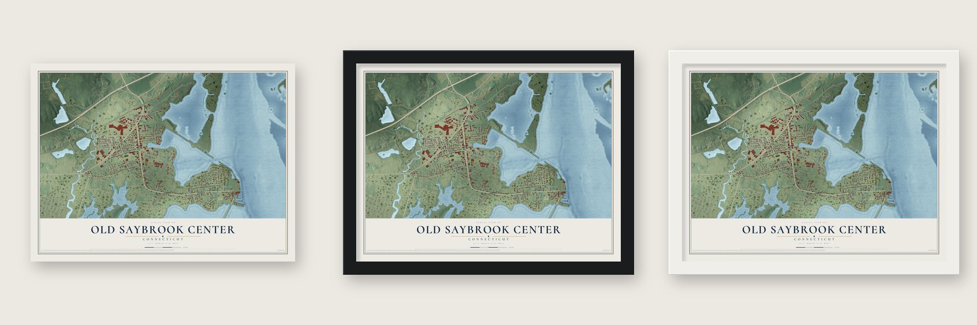 Old Saybrook Center, Connecticut map unframed, in a black wood frame and in a white wood frame