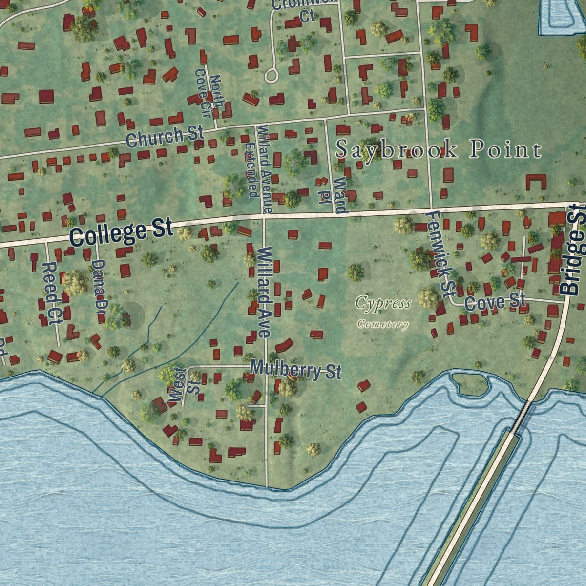 Second close-up of the map of Old Saybrook Center, Connecticut print showing more streets and buildings