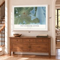 Old Saybrook Center, Connecticut map, 24 x 36 inch print in a white frame above a dresser by a staircase