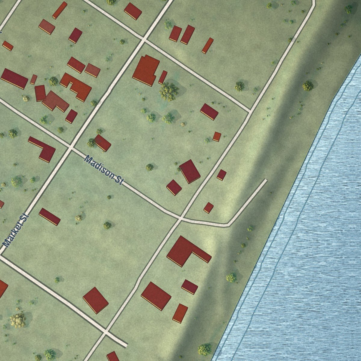 Second close-up of the map of Old Shawneetown, Illinois print showing more streets and buildings
