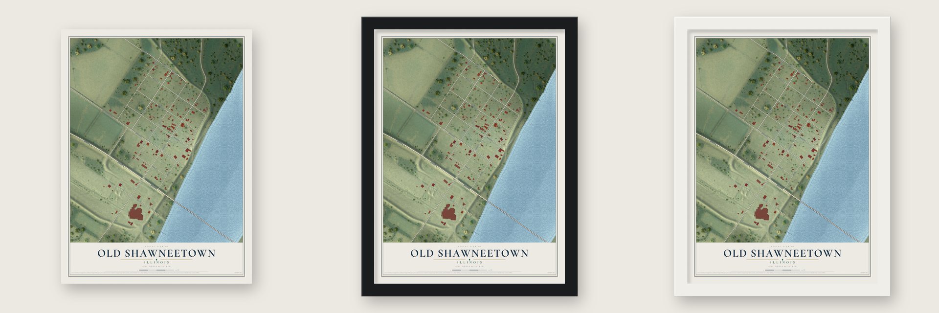 Old Shawneetown, Illinois map unframed, in a black wood frame and in a white wood frame