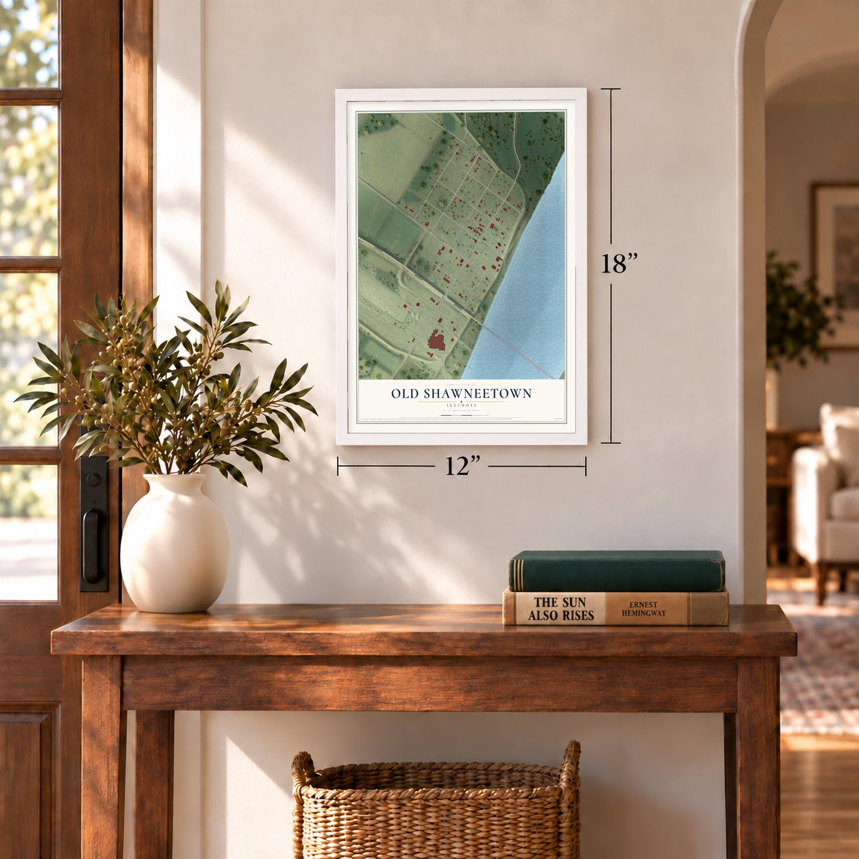 Old Shawneetown, Illinois map, 12 x 18 inch print in a white frame in an entryway