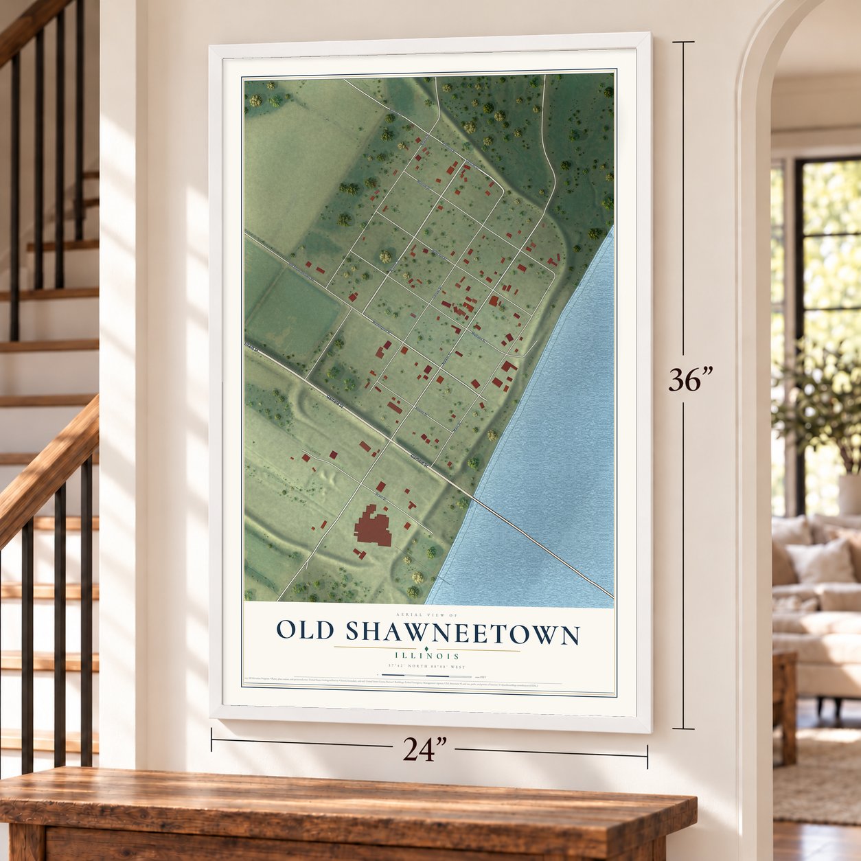 Old Shawneetown, Illinois map, 24 x 36 inch print in a white frame by a staircase
