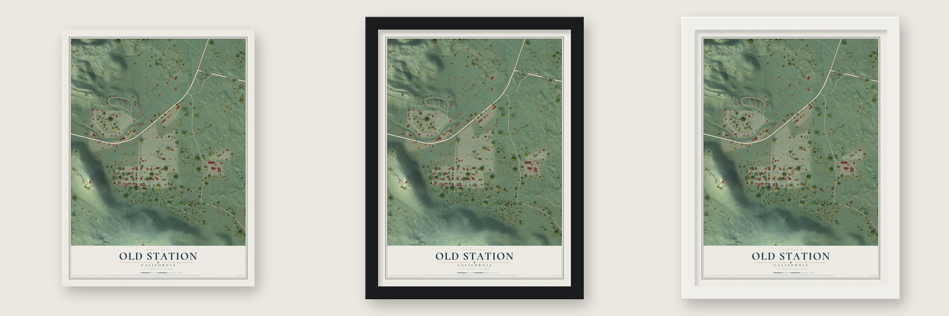 Old Station, California map unframed, in a black wood frame and in a white wood frame
