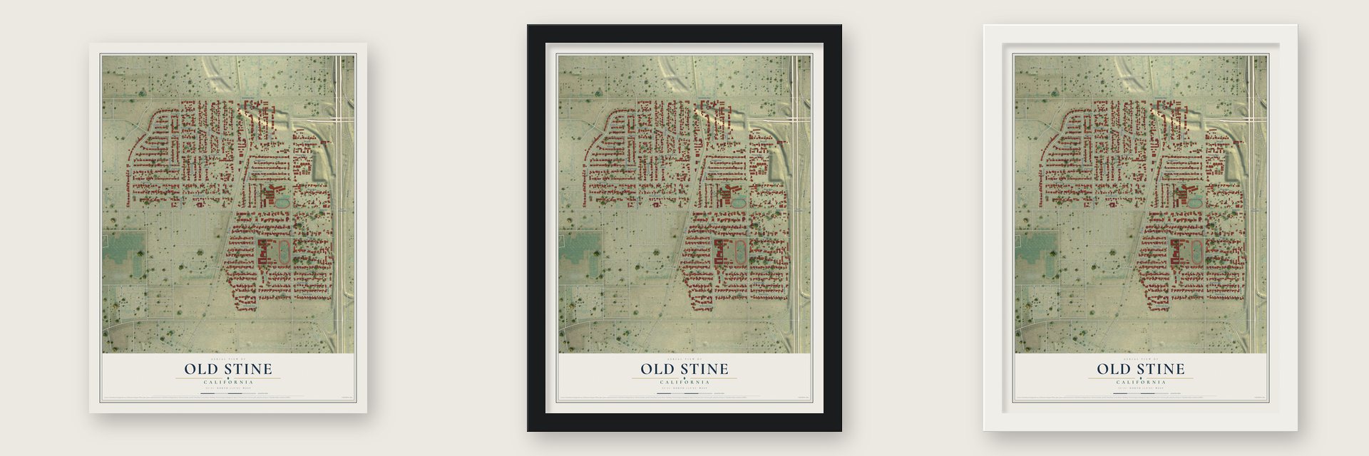 Old Stine, California map unframed, in a black wood frame and in a white wood frame