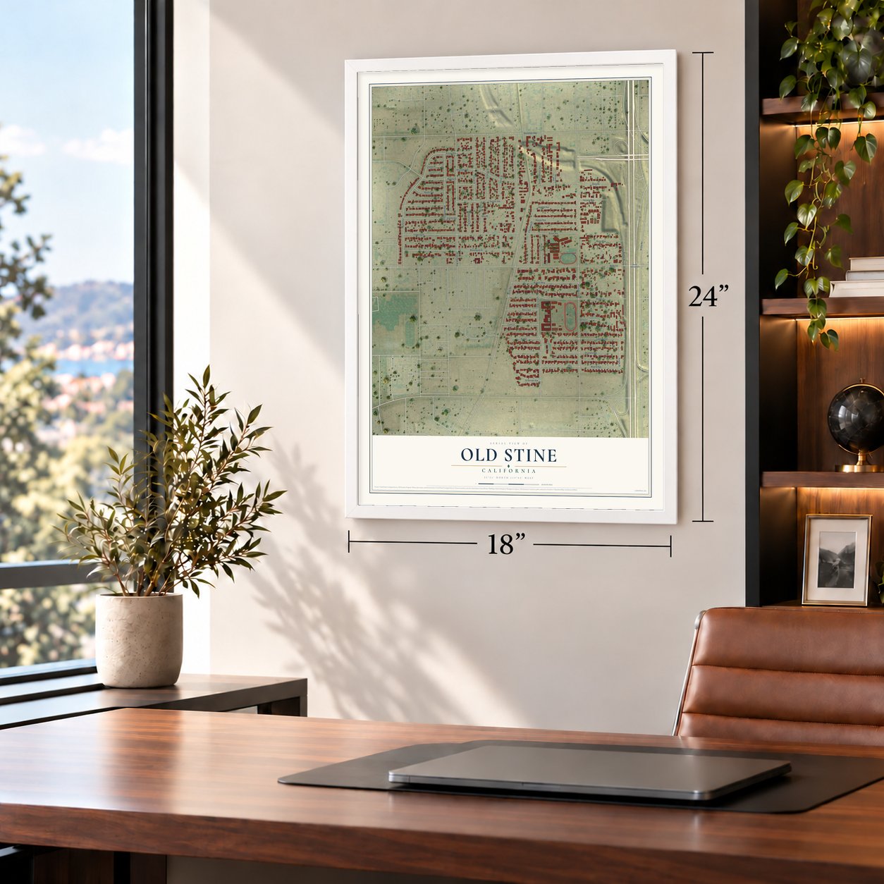 Old Stine, California map, 18 x 24 inch print in a white frame in a home office