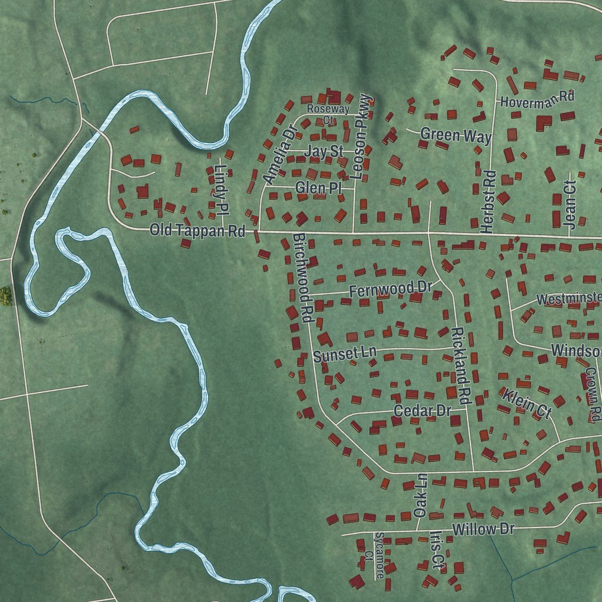 Second close-up of the map of Old Tappan, New Jersey print showing more streets and buildings