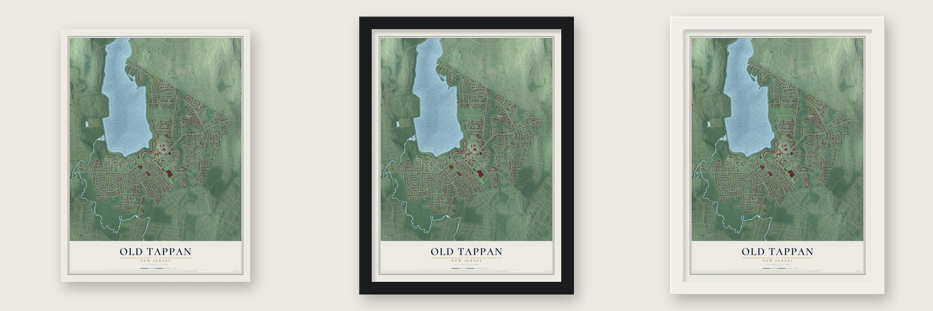 Old Tappan, New Jersey map unframed, in a black wood frame and in a white wood frame