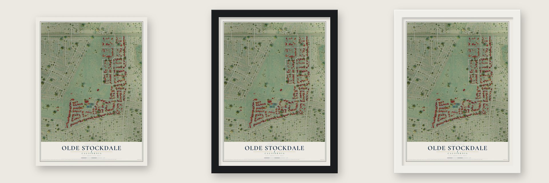 Olde Stockdale, California map unframed, in a black wood frame and in a white wood frame