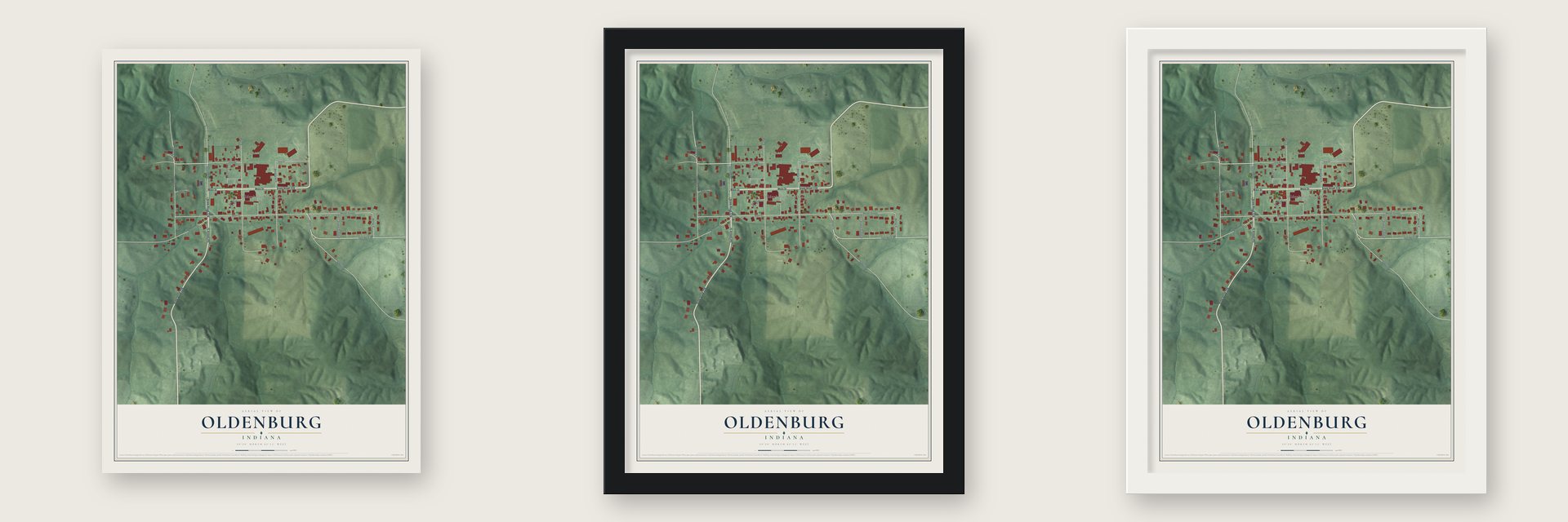 Oldenburg, Indiana map unframed, in a black wood frame and in a white wood frame