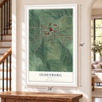 Oldenburg, Indiana map, 24 x 36 inch print in a white frame by a staircase