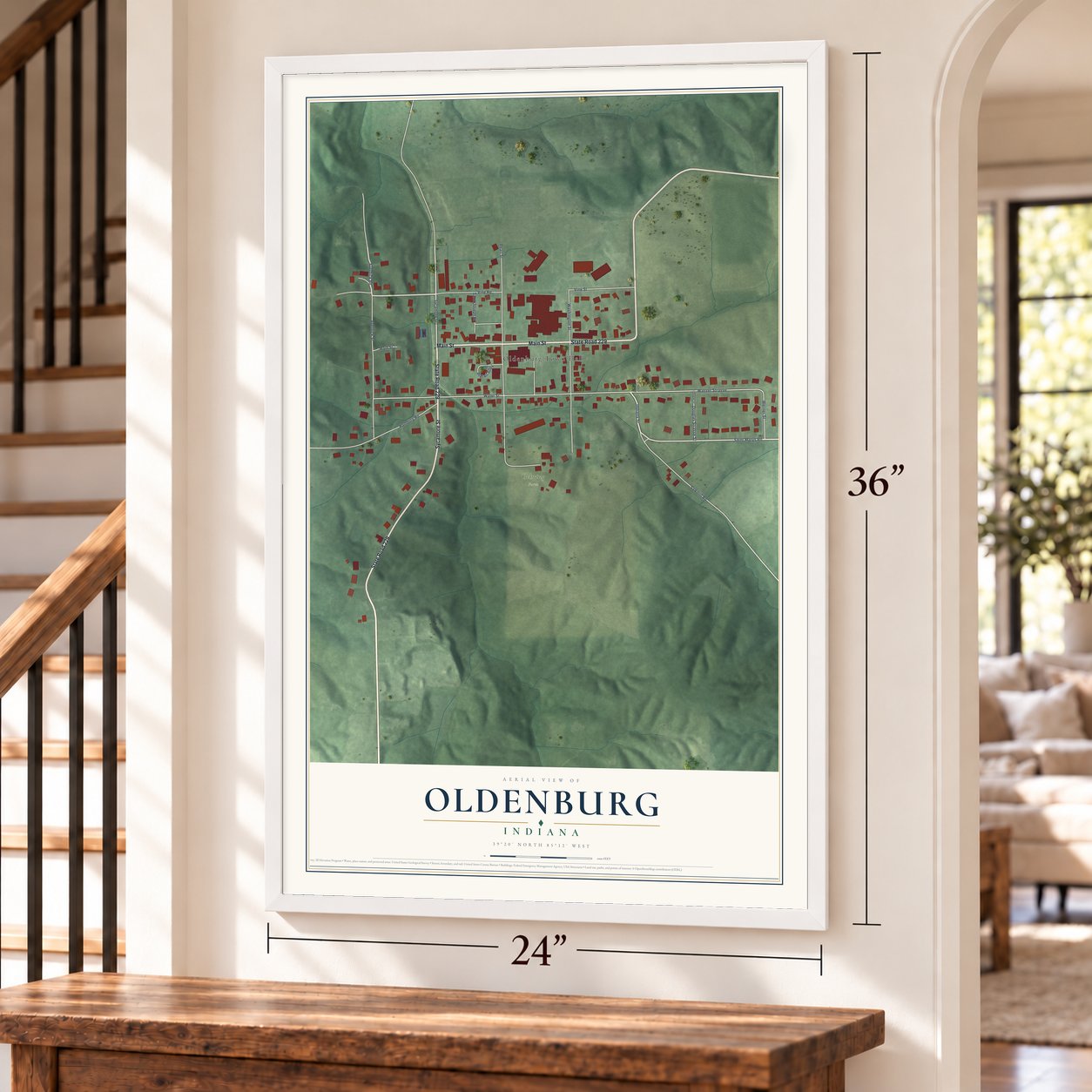 Oldenburg, Indiana map, 24 x 36 inch print in a white frame by a staircase