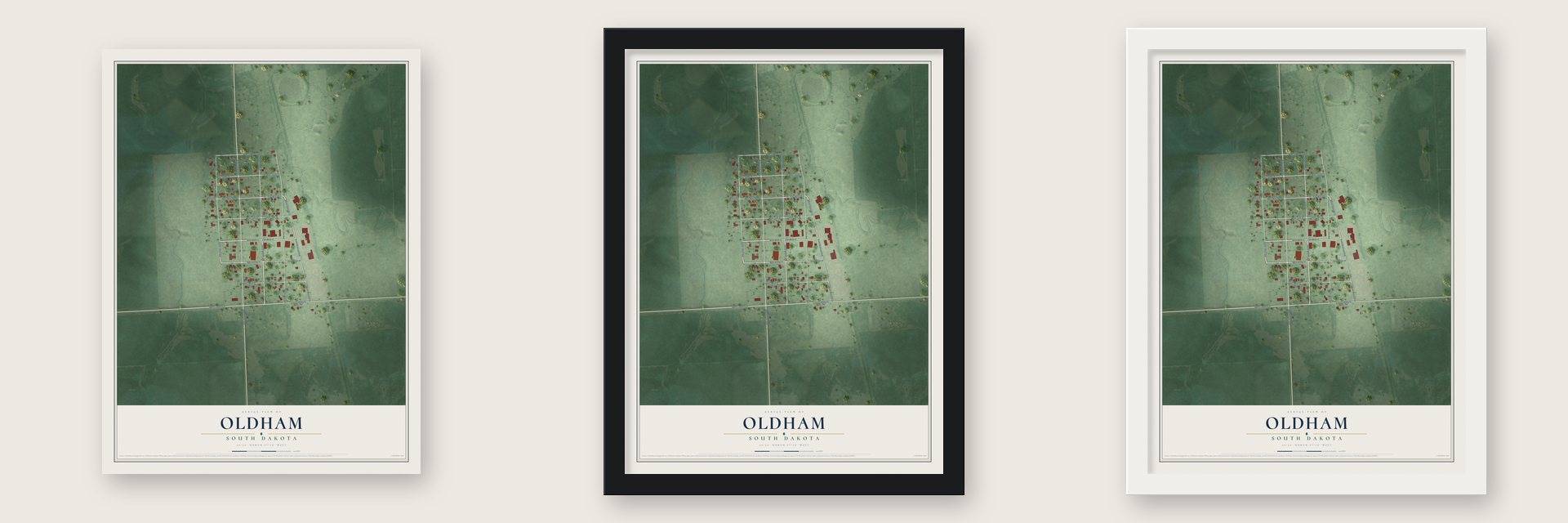 Oldham, South Dakota map unframed, in a black wood frame and in a white wood frame