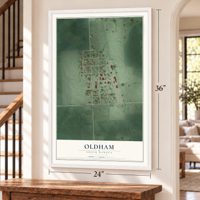 Oldham, South Dakota map, 24 x 36 inch print in a white frame by a staircase