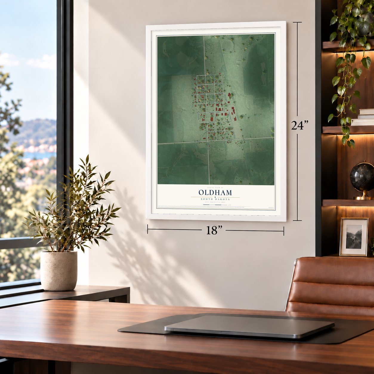 Oldham, South Dakota map, 18 x 24 inch print in a white frame in a home office