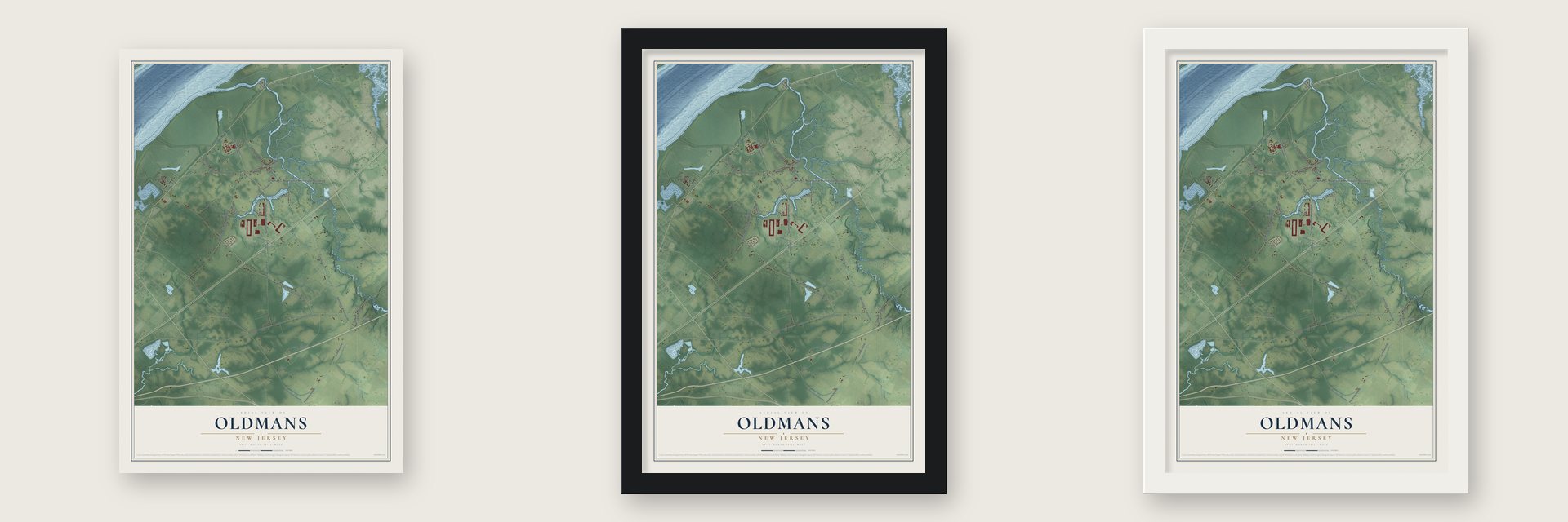 Oldmans, New Jersey map unframed, in a black wood frame and in a white wood frame