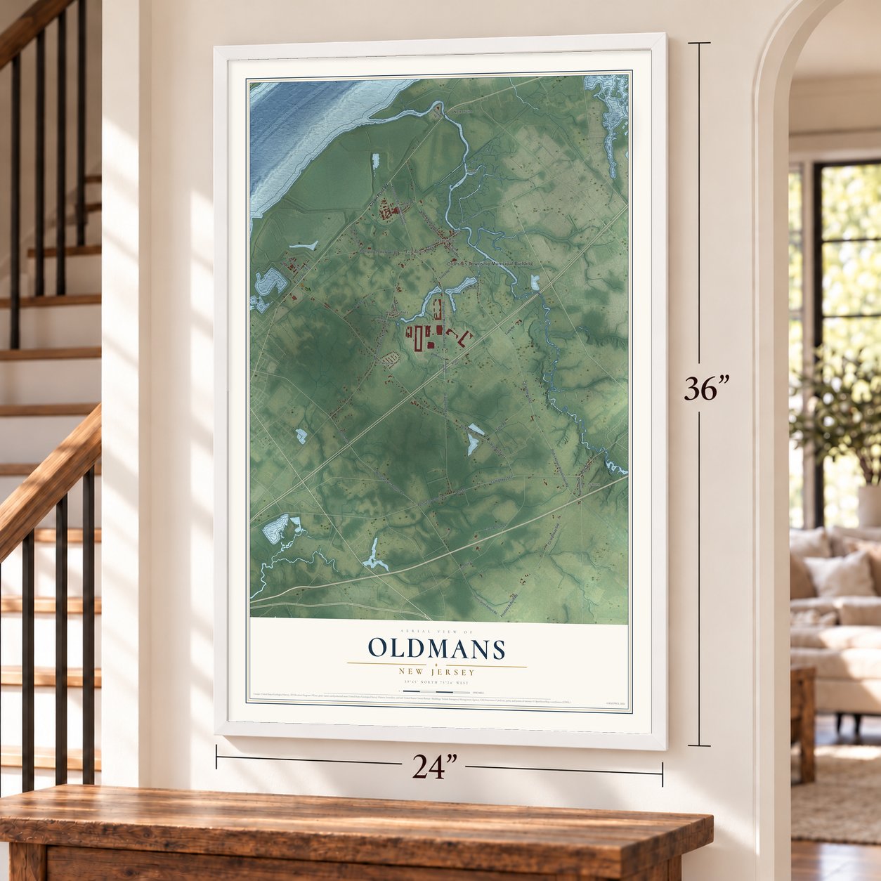 Oldmans, New Jersey map, 24 x 36 inch print in a white frame by a staircase