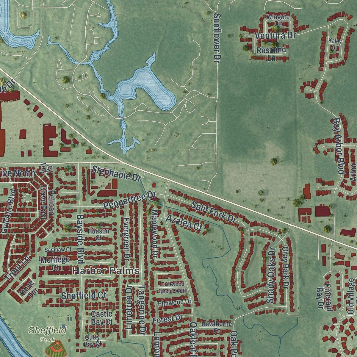 Second close-up of the map of Oldsmar, Florida print showing more streets and buildings