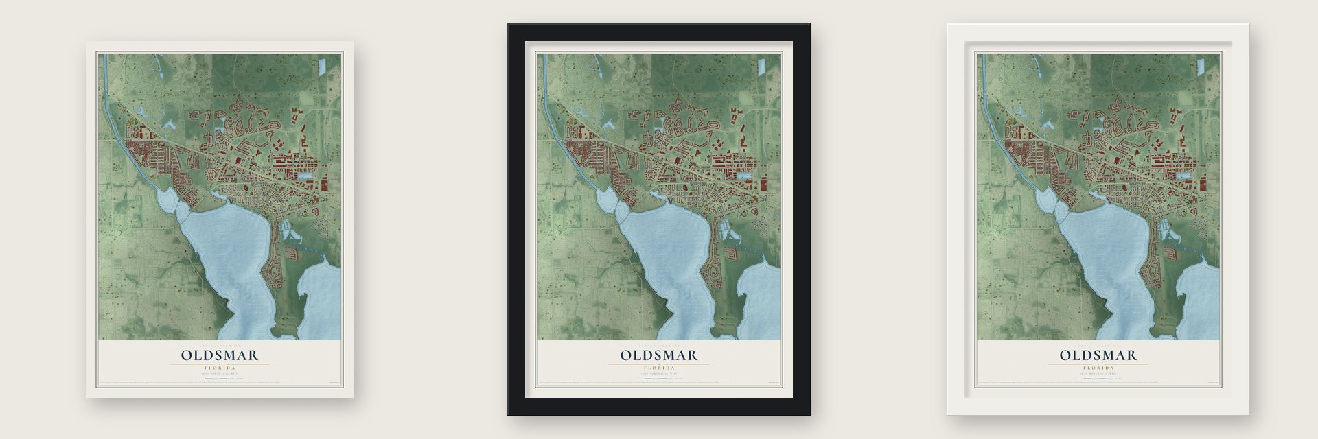 Oldsmar, Florida map unframed, in a black wood frame and in a white wood frame