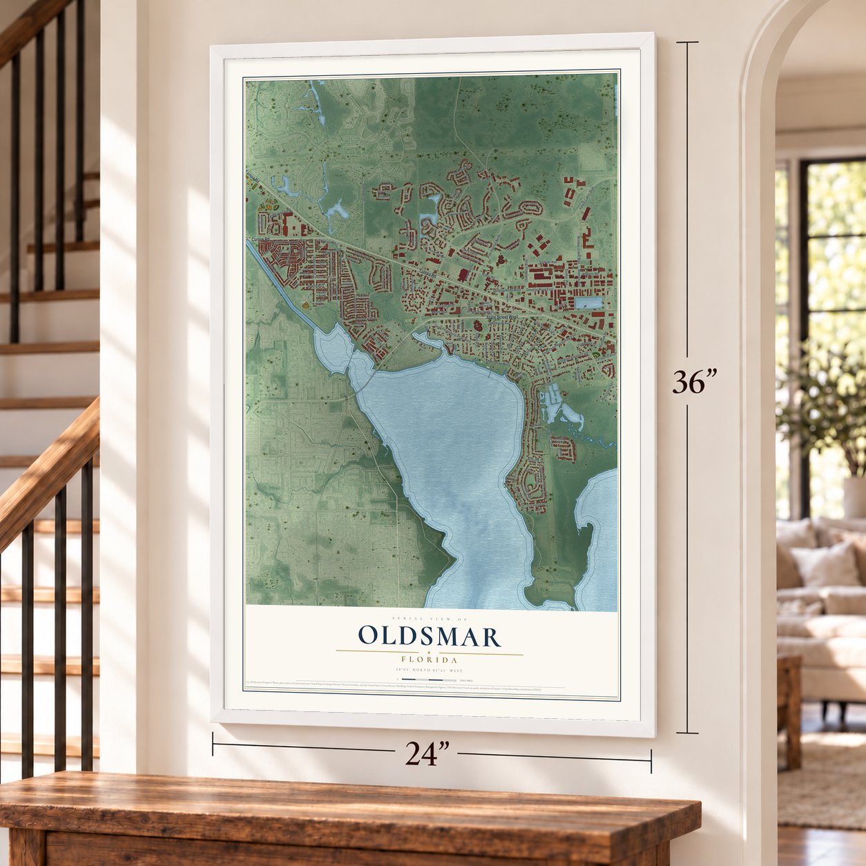 Oldsmar, Florida map, 24 x 36 inch print in a white frame by a staircase