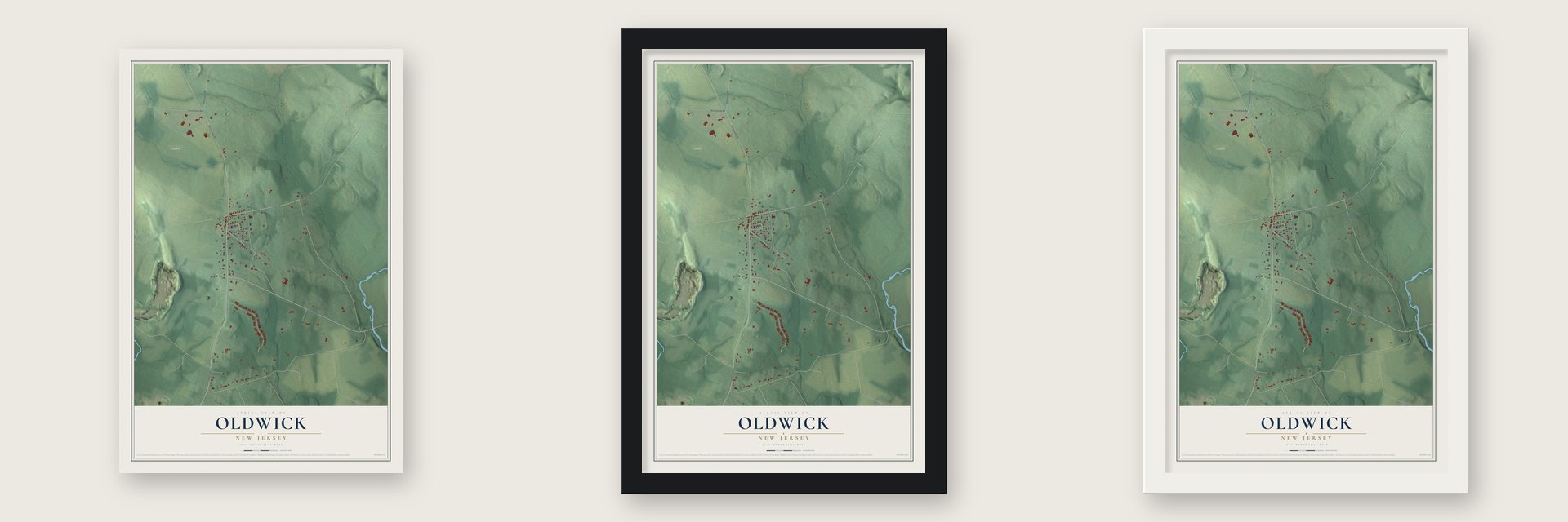Oldwick, New Jersey map unframed, in a black wood frame and in a white wood frame