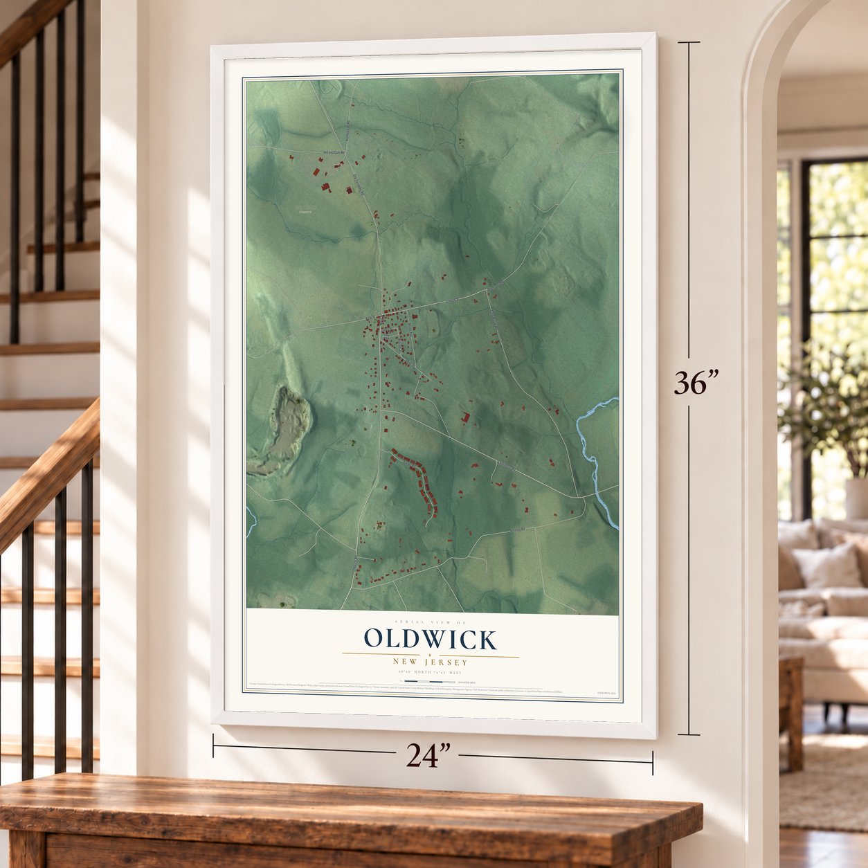 Oldwick, New Jersey map, 24 x 36 inch print in a white frame by a staircase