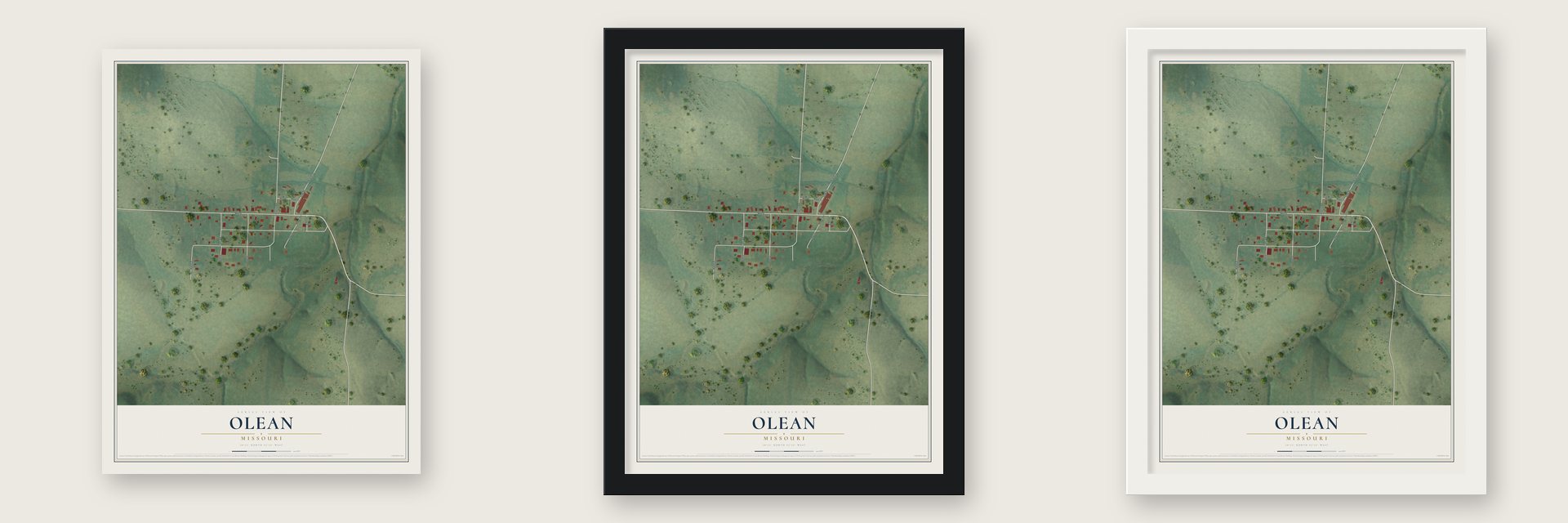 Olean, Missouri map unframed, in a black wood frame and in a white wood frame