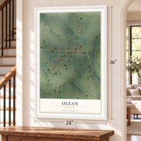 Olean, Missouri map, 24 x 36 inch print in a white frame by a staircase