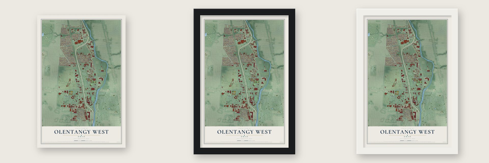 Olentangy West, Ohio map unframed, in a black wood frame and in a white wood frame