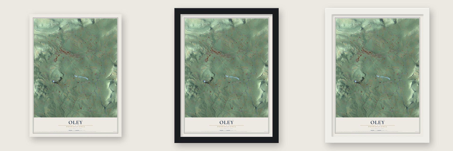 Oley, Pennsylvania map unframed, in a black wood frame and in a white wood frame