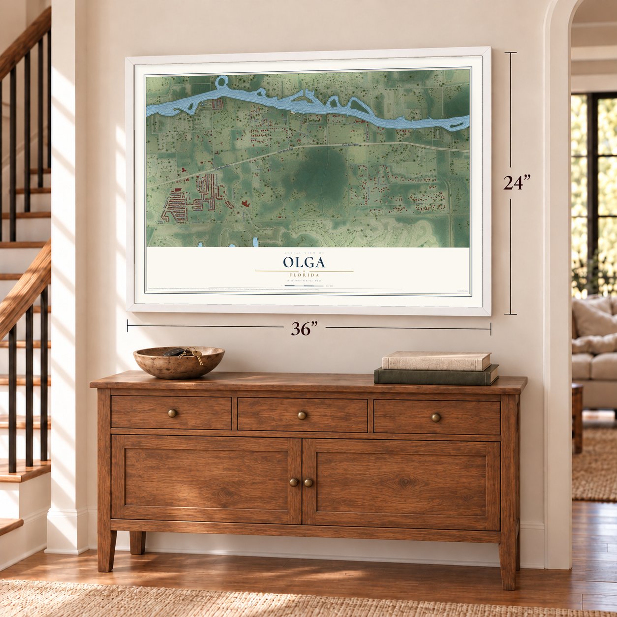 Olga, Florida map, 24 x 36 inch print in a white frame above a dresser by a staircase