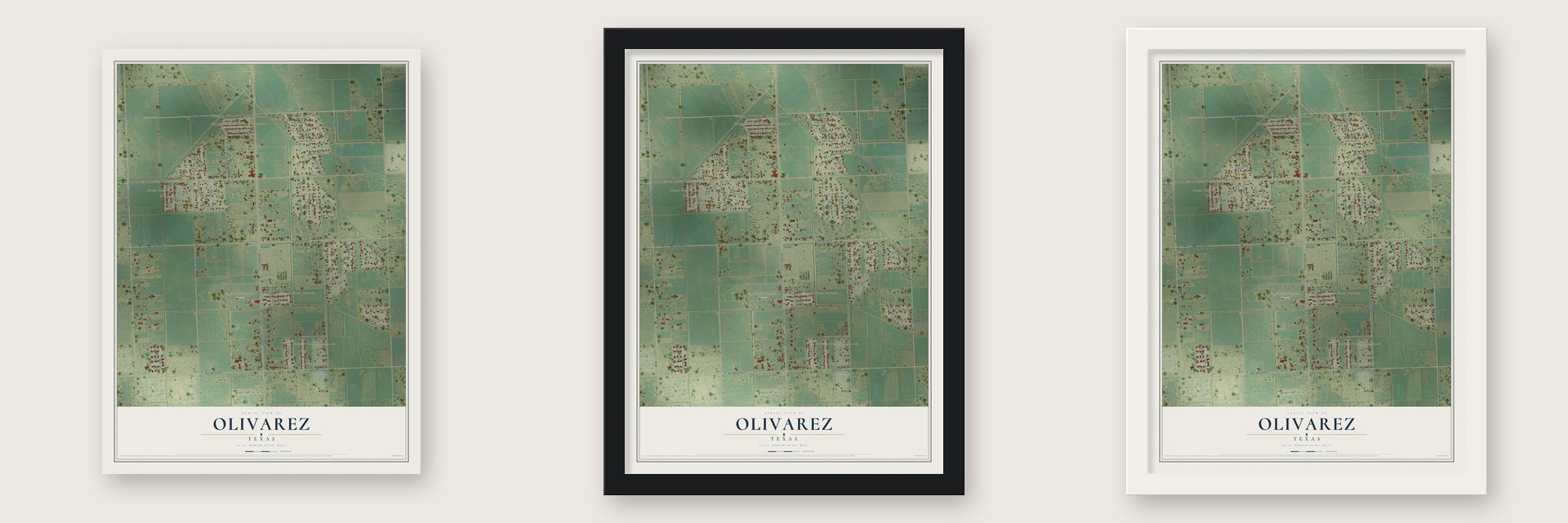 Olivarez, Texas map unframed, in a black wood frame and in a white wood frame