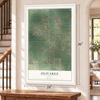 Olivarez, Texas map, 24 x 36 inch print in a white frame by a staircase