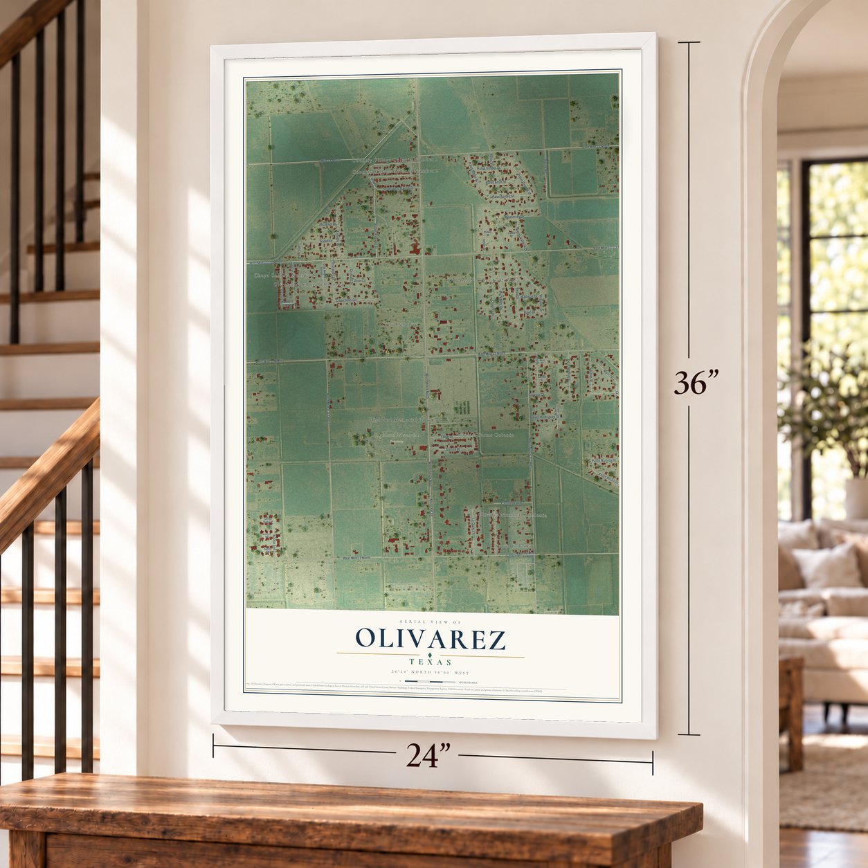 Olivarez, Texas map, 24 x 36 inch print in a white frame by a staircase