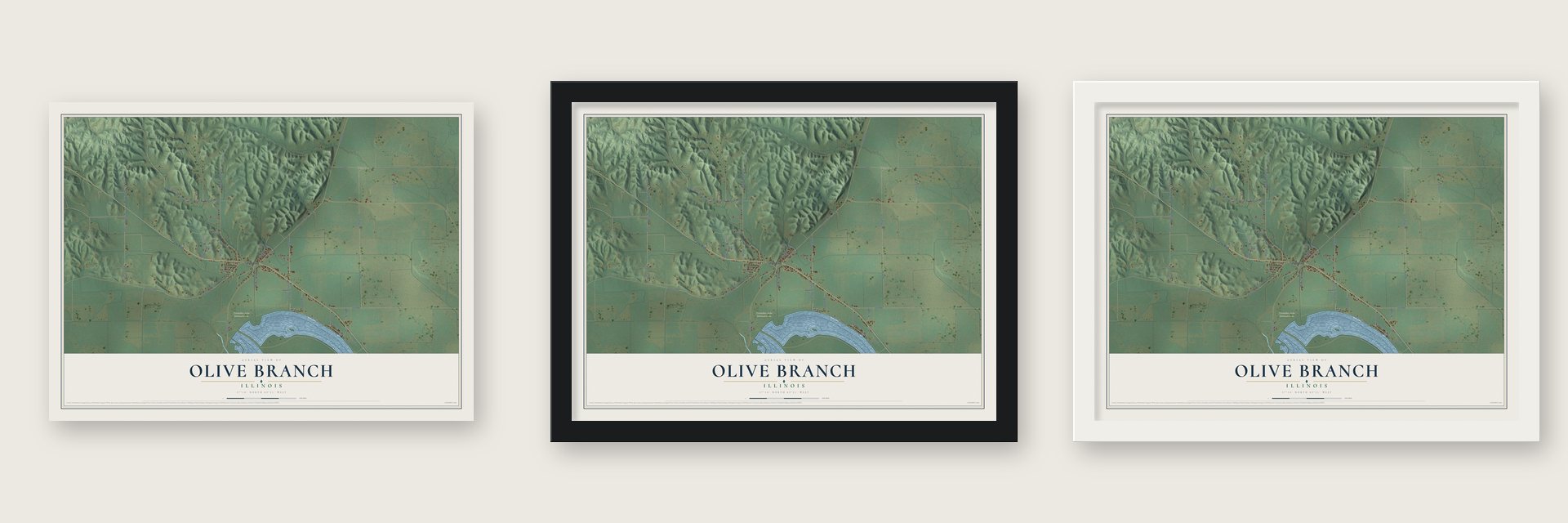 Olive Branch, Illinois map unframed, in a black wood frame and in a white wood frame