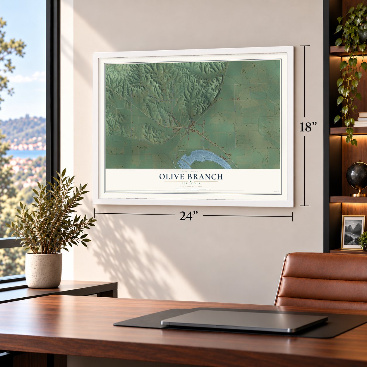Olive Branch, Illinois map, 18 x 24 inch print in a white frame in a home office