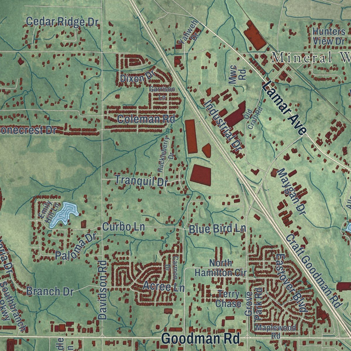 Second close-up of the map of Olive Branch, Mississippi print showing more streets and buildings