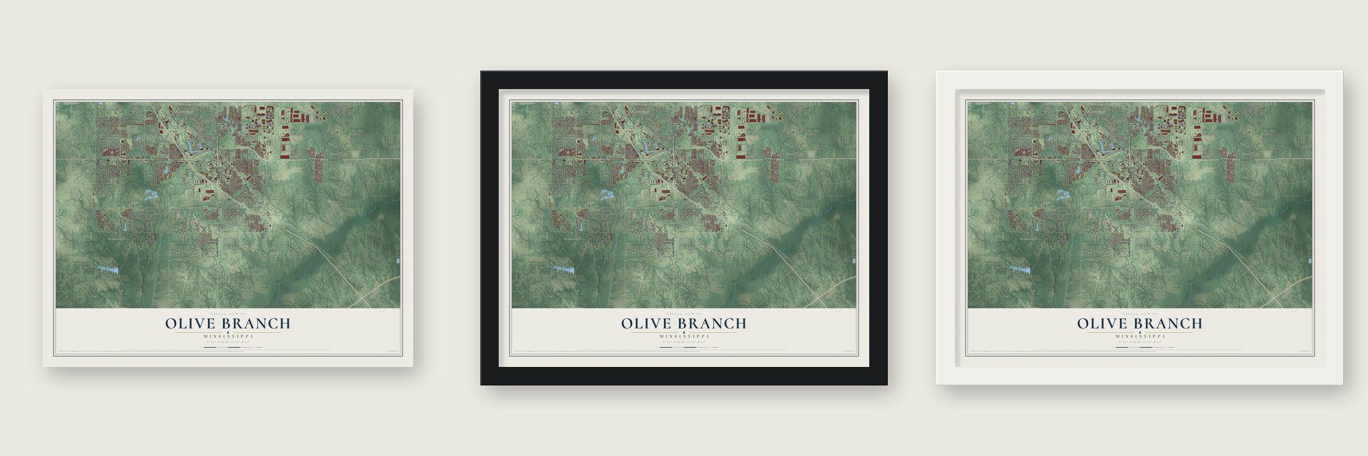 Olive Branch, Mississippi map unframed, in a black wood frame and in a white wood frame