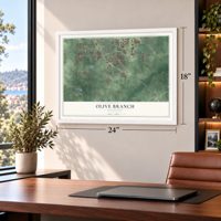 Olive Branch, Mississippi map, 18 x 24 inch print in a white frame in a home office