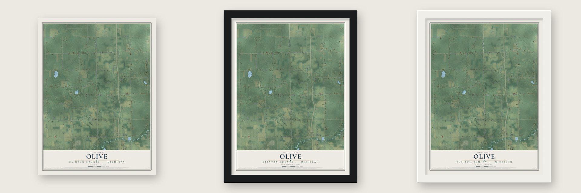 Olive, Clinton County, Michigan map unframed, in a black wood frame and in a white wood frame