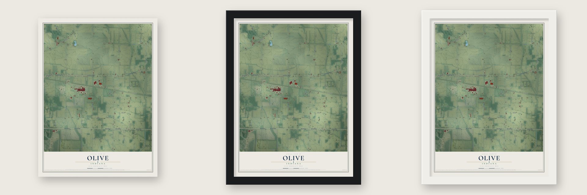 Olive, Indiana map unframed, in a black wood frame and in a white wood frame