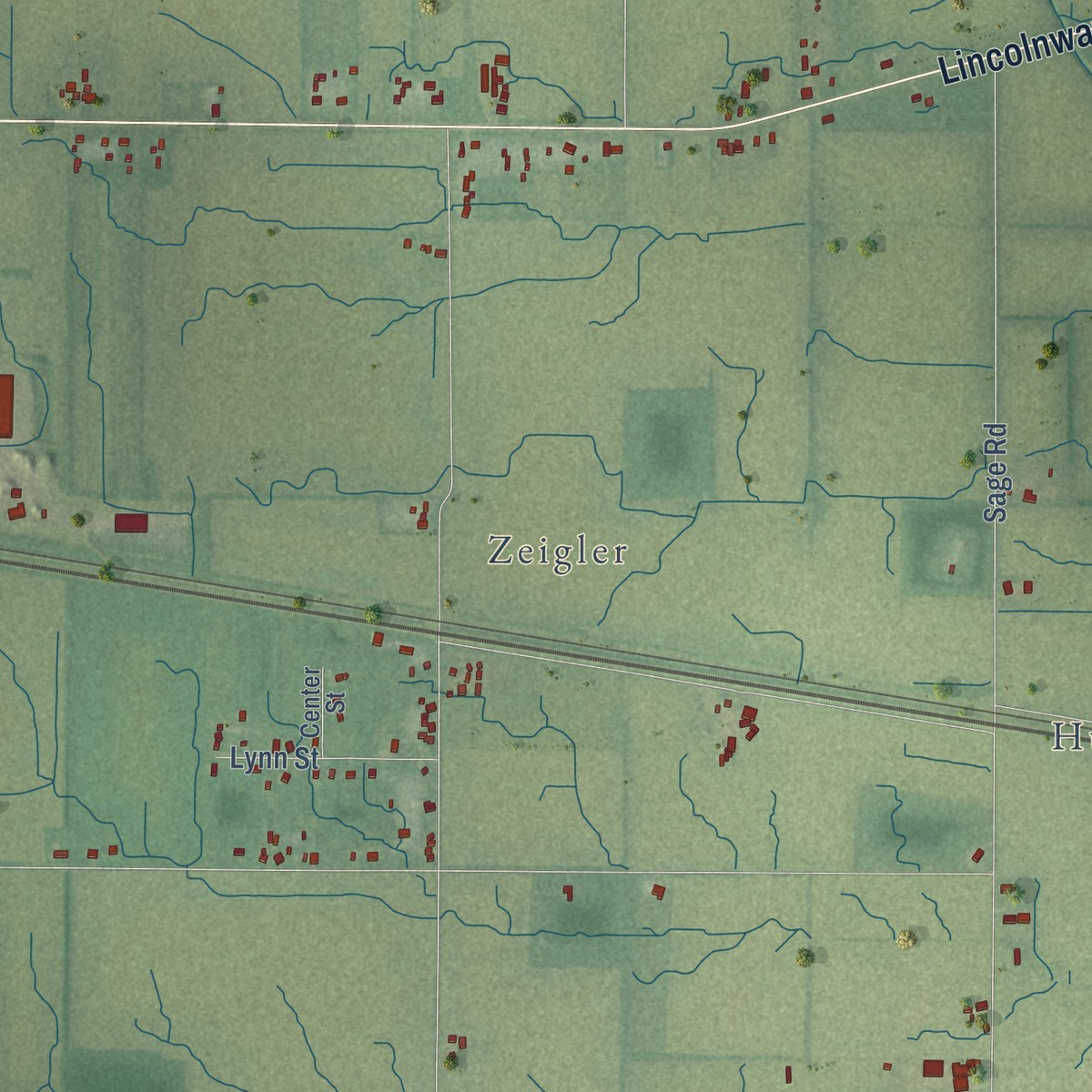Second close-up of the map of Olive, Indiana print showing more streets and buildings