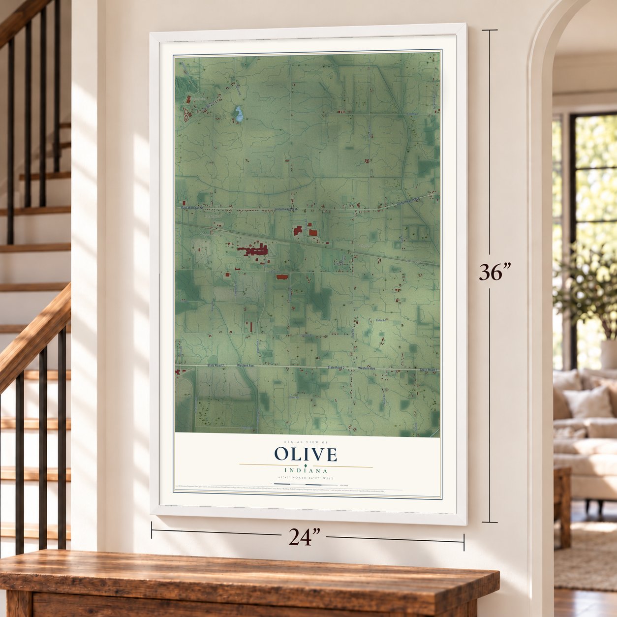 Olive, Indiana map, 24 x 36 inch print in a white frame by a staircase