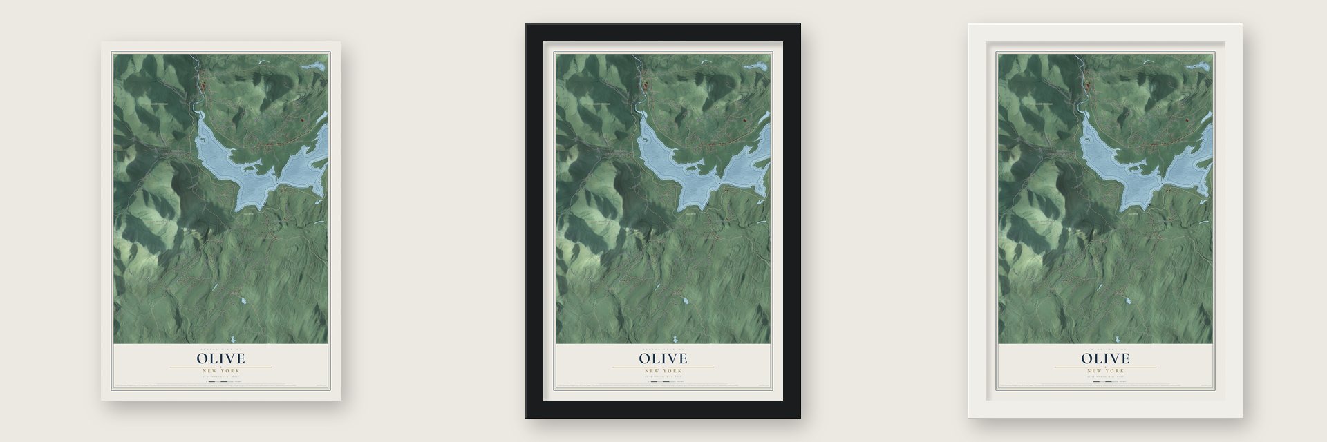 Olive, New York map unframed, in a black wood frame and in a white wood frame