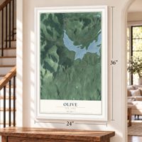 Olive, New York map, 24 x 36 inch print in a white frame by a staircase